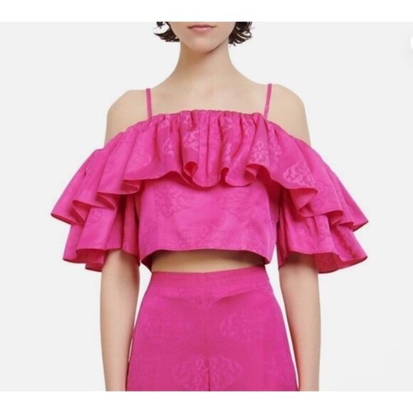 Sandro Tops - Sandro Hally Jacquard Ruffled Crop Top Pink Cold Shoulders Size 4 Small